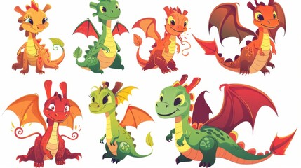 Obraz premium A collection of cute, cartoon dragons in various poses with vibrant colors and expressions.