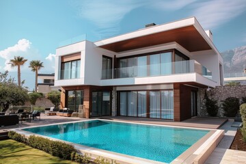 Fototapeta premium A sophisticated modern villa showcasing luxury, architecture, and a swimming pool with clear blue water