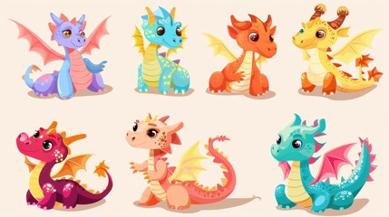 Naklejka premium Set of seven cartoon dragons in various colors and poses.