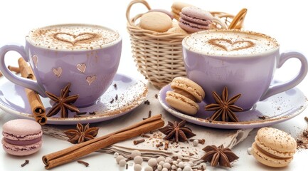 Fototapeta premium Two purple cups of cappuccino, star anise, wicker basket with macaroons, cinnamon sticks.