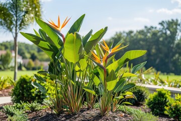 Obraz premium Vibrant bird-of-paradise flowers in garden