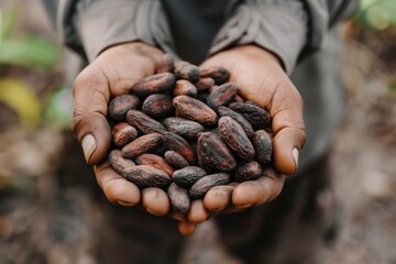 Obraz premium Close-up of hands offering a handful of harvested cacao beans directly from a farm