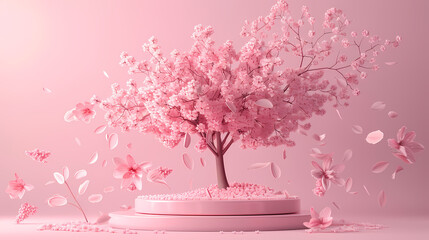 Pink podium with falling cherry blossom petals in the background