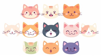 Fototapeta premium Collection of ten cartoon cats with diverse facial expressions, arranged in a grid pattern.