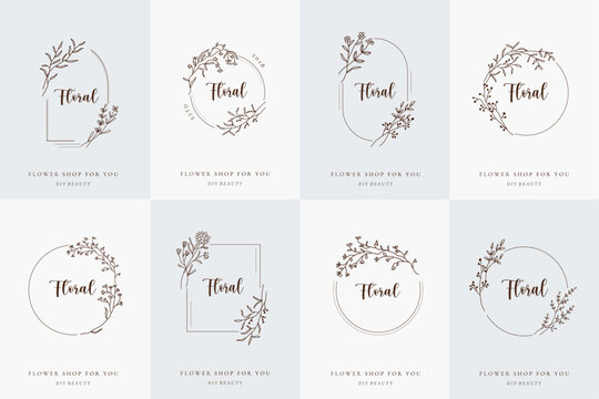 Set of floral frame border. Round flower wreath line art ornament. Wedding decoration design. Elegant leaf logo circle emblem. Vector illustration in outline style