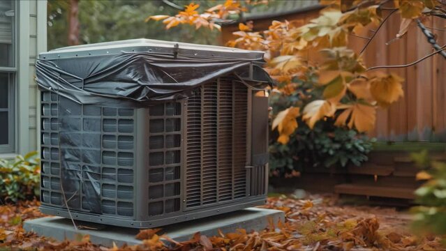 Protect Your Home HVAC System: Prepare Your AC Unit for Winter with a Fall Cover. Concept HVAC Maintenance, Fall Covers, Winter Preparation, Home Protection