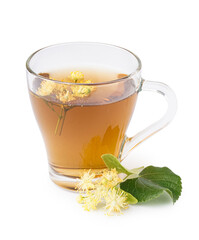 Cup of linden tea with leaves and flowers on white background
