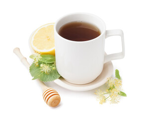 Cup of linden tea with lemon and honey spoon on white background