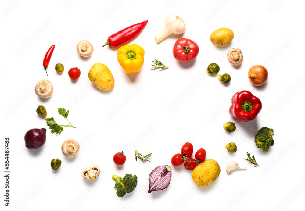 Wall mural frame made of fresh ripe vegetables on white background - Wall murals