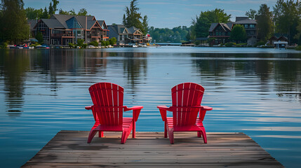 Two red lawn chairs are sitting on a dock by a lake. The chairs are facing the water and the surrounding houses. The scene is peaceful and relaxing, with the water reflecting the houses and the sky