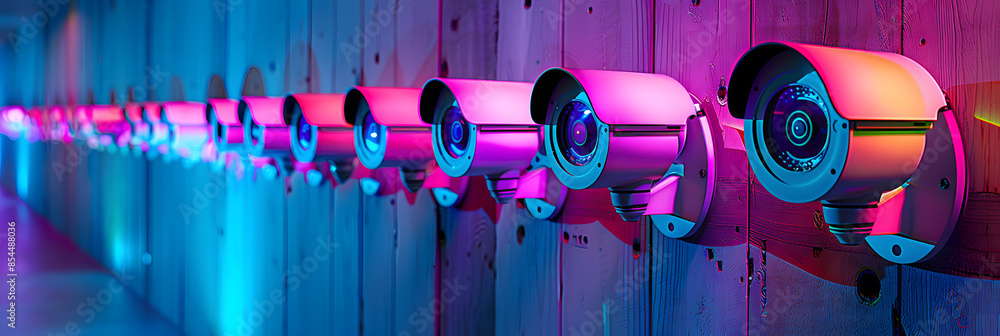Poster a row of security cameras are lit up in neon colors. the idea behind this image is to create a sense