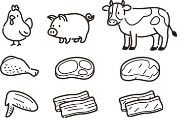 シンプルな食肉と動物のイラストセット。鶏肉、豚肉、牛肉