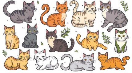 A whimsical set of cartoon cats, each with unique markings and poses.