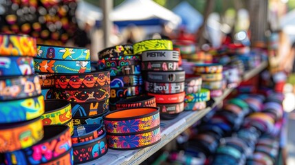 Fototapeta premium Vibrant Concert Festival Wristbands Displayed at Busy Vendor Table in Energetic Marketplace Setting