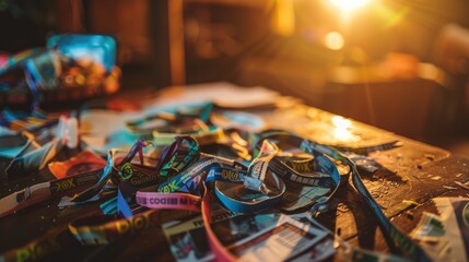 Music Memories Collage - Colorful concert wristbands, ticket stubs, and festival memorabilia on table in warm indoor setting, nostalgic atmosphere