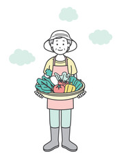 家庭菜園で収穫した野菜を持っている高齢女性の全身イラスト