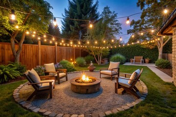 A backyard with a fire pit and a patio with chairs and a table