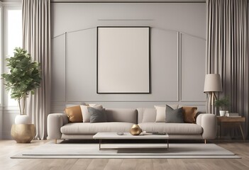 Fototapeta premium a mockup of a poster frame on the living room wall against a luxurious apartment background featuring contemporary design. Visualize with a modern interior design using 3D render and illustrat