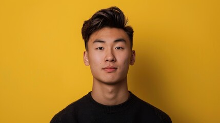 Portrait of a young Asian man posing against a yellow backdrop