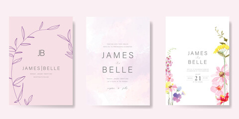 sweet elegant pink botanical Wedding Invitation, floral invite thank you, rsvp modern card Design in leaf and flower water color texture decorative Vector elegant rustic template