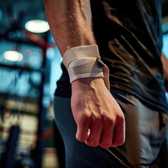 Obraz premium Determined Gymnast Battling Sprained Wrist in Indoor Gym - Intense and Focused Training Session