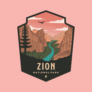 zion national park logo patch illustration design, utah landmark emblem style