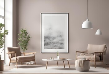 "ISO A paper size frame mock up for living room wall poster. Interior mock up with house background and modern interior design showcased in a 3D render."