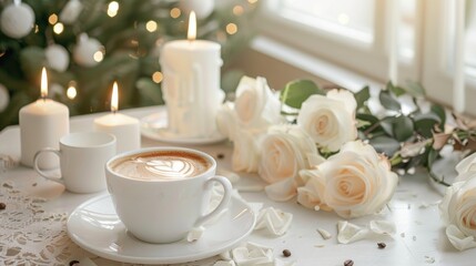 Coffee for breakfast or lunch with white roses candles and decorations