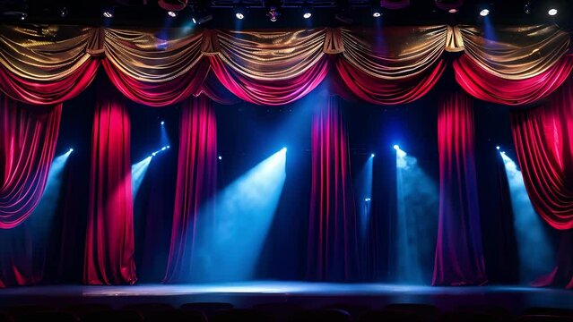 The theater stage is decorated with red and gold curtains and spotlights. Concept Theater Stage Decor, Red and Gold Curtains, Spotlights, Dramatic Setting