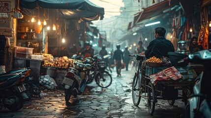 Vibrant Asian Market Scene with Traditional Rickshaw and Cultural Richness