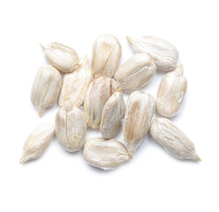 Heap of peeled sunflower seeds on white background