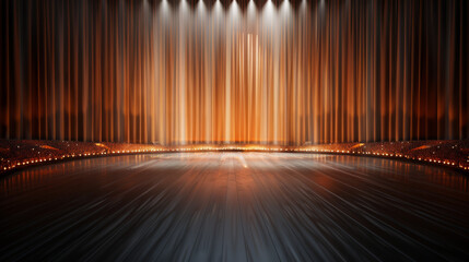 An elegant theater stage with warm lighting and curtains, capturing the ambiance of a performance space ready for a show.