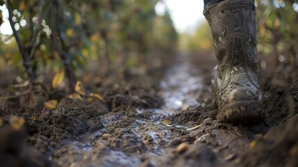 Old family farm boots by a muddy orchard path, close-up, detailed mud textures, blurred trees 