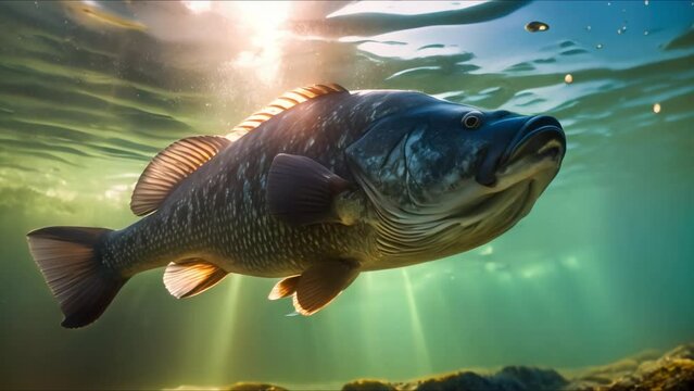 Big black bass in a freshwater fishing simulation. Concept Freshwater Fishing, Big Black Bass, Fishing Simulation, Water Adventure, Outdoor Sports