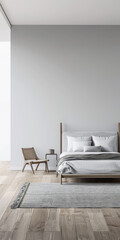 Minimalist master bedroom in light grey tones with minimal furniture, a bed next to a window and ample copy space. Bedroom interiors composition in neutral color.