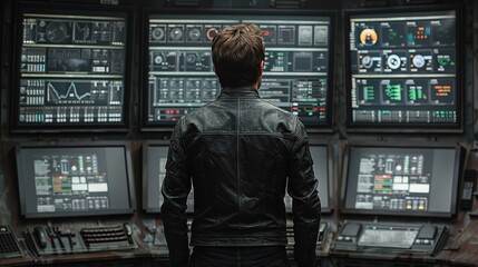 A man in a black jacket stands in front of several computer monitors, possibly in a control room