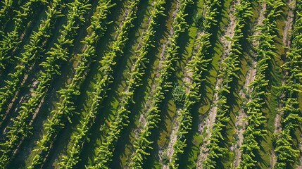 Fototapeta premium Top view of grapevines in neat rows, lush greens, detailed vine textures, soft morning light 