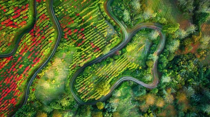 Aerial close-up of a winding apple orchard, vivid greens and reds, soft-focus tree lines 