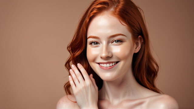 Woman smiling while touching her flawless glowy skin with copy space for your advertisement, skincare
