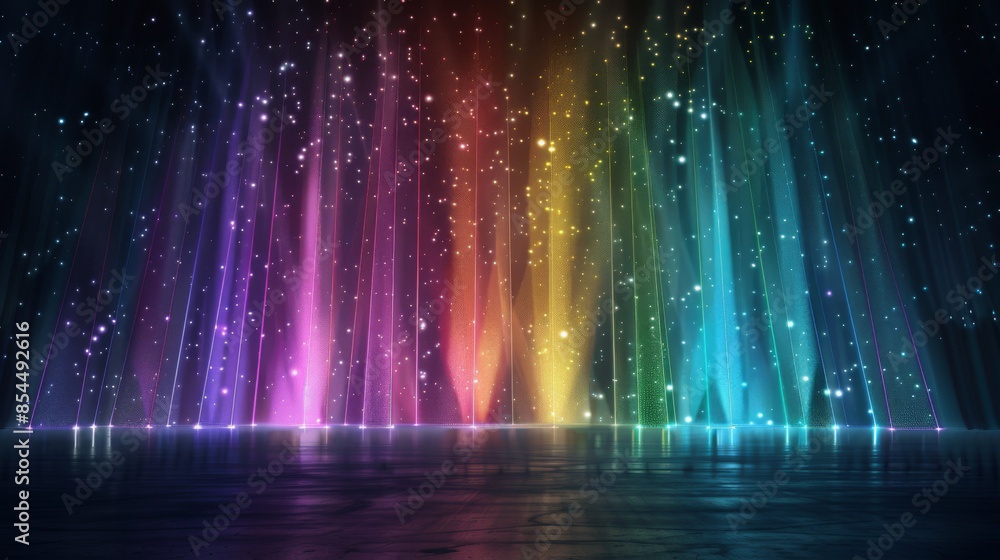 Poster vibrant abstract light show featuring a spectrum of colourful beams and sparkling particles, creatin