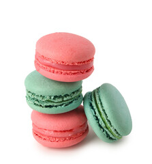Different tasty sweet macaroons on white background