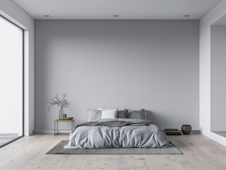 Minimalist master bedroom in light grey tones with minimal furniture, a bed next to a window and ample copy space. Bedroom interiors composition in neutral color.