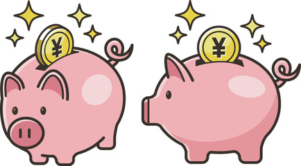 かわいい豚の貯金箱と入る日本円コインのイラスト