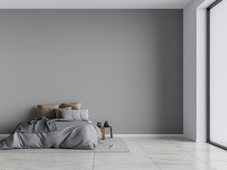 Minimalist master bedroom in light grey tones with minimal furniture, a bed next to a window and ample copy space. Bedroom interiors composition in neutral color.