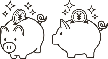 かわいい豚の貯金箱と入る日本円コインのイラスト
