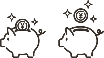 かわいい豚の貯金箱と入る日本円コインのイラスト