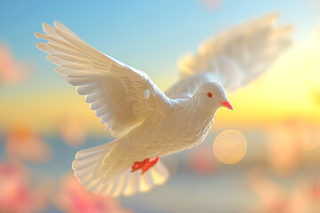 Obraz premium A white dove flies in the sky with a red beak. Concept of freedom and peace, as the bird soars through the air with grace and ease. The bright colors of the dove