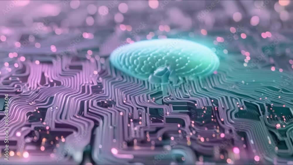 Poster big data processing technology: ai brain symbolizing data flow, querying, analysis, mining, and busi