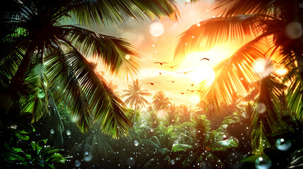 A tropical scene with palm trees and birds flying in the sky