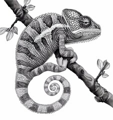 Chameleon vector illustration on white background, black and gray colors